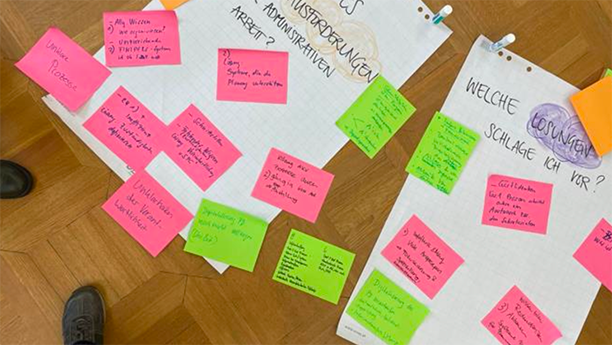 Zwei Plakate sind auf dem Boden ausgelegt, beklebt mit diversen Post-Its mit Vorschlägen und Ideen.